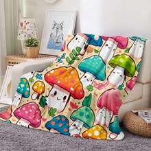 Cute Mushroom Pattern Fleece Blanket Multicolor Cartoon Mushrooms With Faces And Leaves Soft Warm Throw Blanket Oversized Size For Living Room Bedroom Or Couch - White - View 1