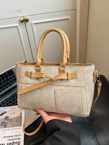 1pc Fashionable Casual Solid Color Multi-Pocket Shoulder Tote Bag, Large Capacity Women's Commuter Bag - Khaki - View 6