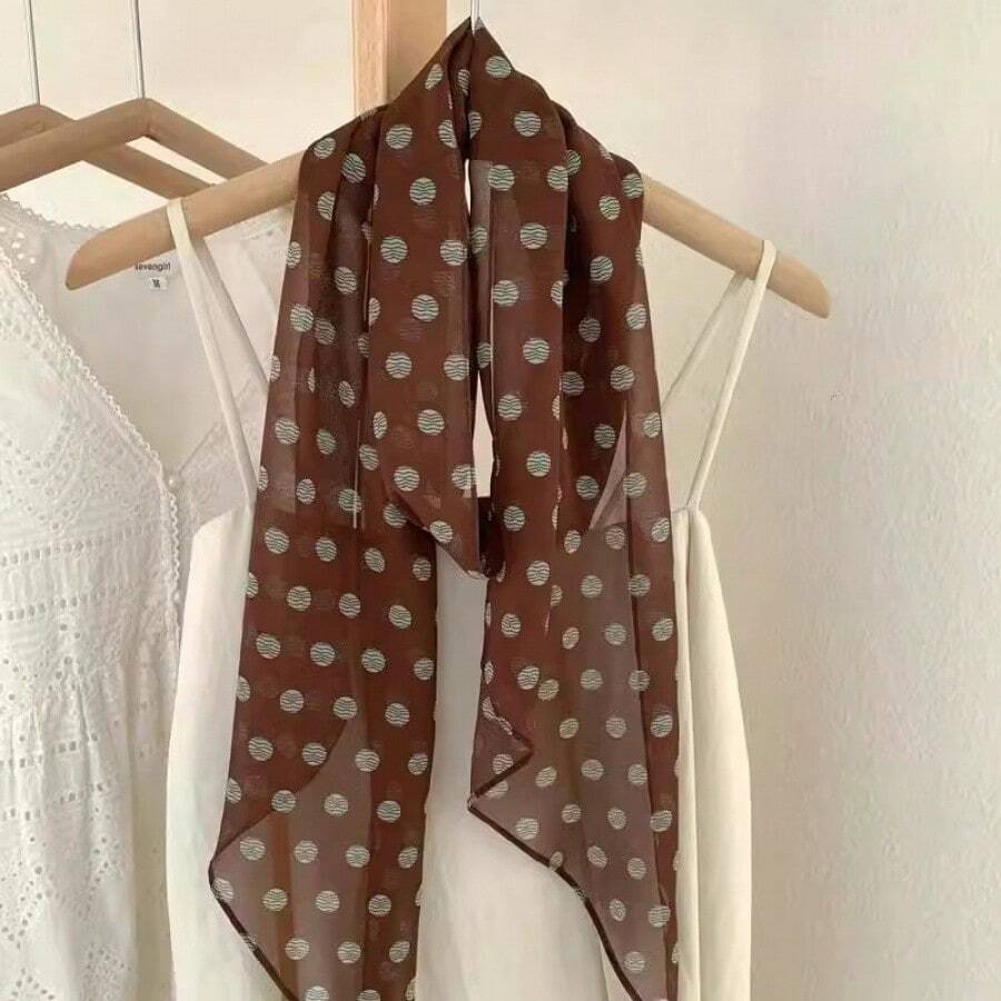 Brown Polka Dot Scarf Printed Versatile Scarf Hairband Hair Tie Long Scarf - Màu đen với những gợn sóng nước - Xem 1