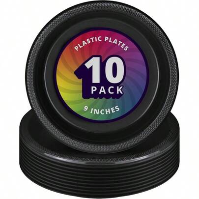 10 Large Plastic Plates, Heavy Duty 9 Inch Colored Plastic Dinner Plates, Disposable Party Ware Birthday, Cake Dessert Plates, Holiday Tableware, Black Pack Of 10
