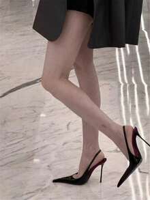 女士时尚尖头优雅低帮套脚高跟凉鞋，黑色、焦糖色、黑玫瑰红等多种颜色可选 - 黑玫紅 - 查看 2