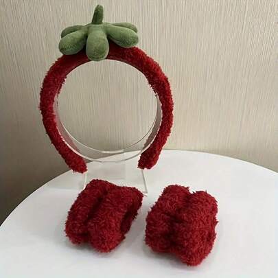 A Set Of Three Red Strawberry Headbands, Cute And Suitable For Washing Face And Makeup, Includes Waterproof Wristbands, Perfect For ' Hair Care Accessories.