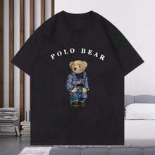 New Cotton Plus Size Casual Teddy Bear Print Couple Short Sleeved Polo Round Neck Casual Versatile Round Neck T-Shirt - 黑色 - 查看 1