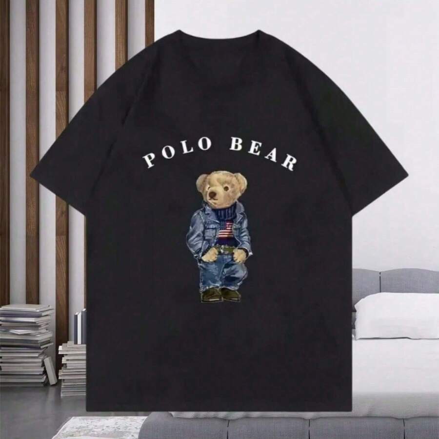 New Cotton Plus Size Casual Teddy Bear Print Couple Short Sleeved Polo Round Neck Casual Versatile Round Neck T-Shirt - 黑色 - 查看 1