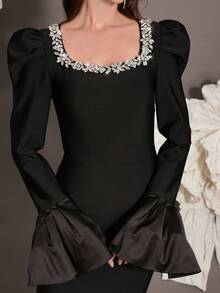 Handmade Beaded Flare Sleeve Knit Bandage Bodycon Dress, Luxury Sexy Fitted Cocktail Party Gown For Holiday, Family Gathering, Evening Event - Black - View 8