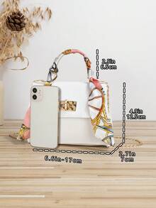 女士小号手提包，压纹格子图案，适合日常出行，附赠围巾 - 白色 - 查看 2