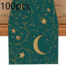 One Piece Set Of Ramadan Themed Table Runner, Featuring A Simple Ramadan Pattern Design - Green As The Main Color, Gold Crescent And Lantern Patterns, With Fresh Green Leaves And Floral Decorations. Polyester Rectangular Tablecloth, Suitable For Kitchens, Restaurants, Parties, And Homes, As Well As Rural Holiday Decorations. Available In Various Sizes, It Is An Ideal Choice As A Gift. - Multicolor - View 18