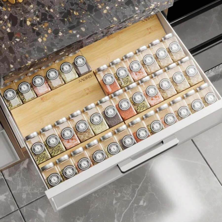 AMBIRD Bamboo Spice Drawer Organizer With Non-Slip Mat,4 Tier Jar Spice Rack Tray 95'',Seasoning Organizer For Kitchen,Cabinet,Drawers,Countertop - ColorE - View 1