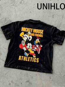 Disney UNIHLO MICKEY MOUSE AND FRIENDS ATHLETICS  Printed Summer Heavyweight Retro Washed Street Fashion Casual T-Shirt - Black - View 3