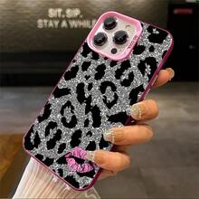 1pcs Glitter Leopard Print With Pink Kiss Phone Case Compatible With Apple Phone 17ProMax 16 15 14 13 12 11ProMax Pro Xs Max XS X 7plus 8plus Silicone Shock Proof Vintage Funky Fashion Stunning Can Be Given To Friends Can Be Given To A Lover - Hồng - Xem 5