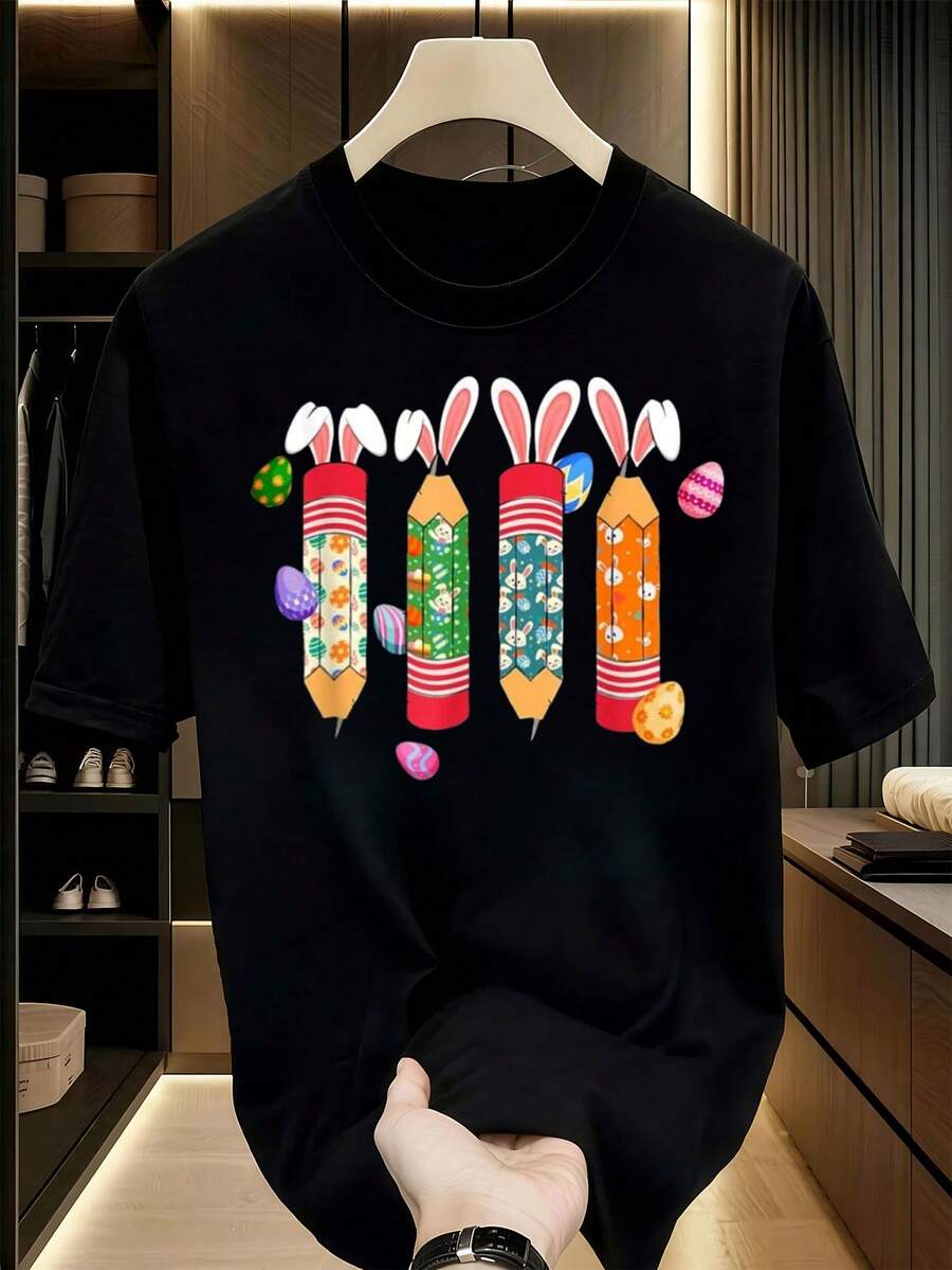Easter Day Art-Shirt Happy Easter Day-Shirt Printed Round Neck Women-Shirt - Soft. Breathable. Short Sleeve Cotton Casual-Shirt] Graphic Tees Men Crop Tops Couple Tee Art Outfits Men-Shirt - 黑色 1pcs MEN3 - 查看 1