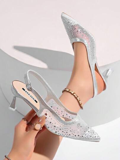 Women's High Heel Sandals, Strap Open Toe, Pointed Toe, Rhinestone Mesh, Sexy, Plus Size, Slip-On Sandals