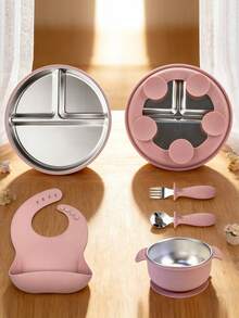 5件套/4件套不锈钢餐具套装，婴儿喂养用具，断奶工具，围兜，不锈钢盘子，不锈钢碗，不锈钢叉勺 - 彩色 - 查看 3