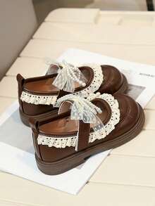 New Girls Gentle Style Small Leather Shoes With Lace Pearl Bow, Soft Sole Anti-Slip Princess Shoes, Versatile For Spring And Autumn, Student Shoes - Coffee Brown - View 7