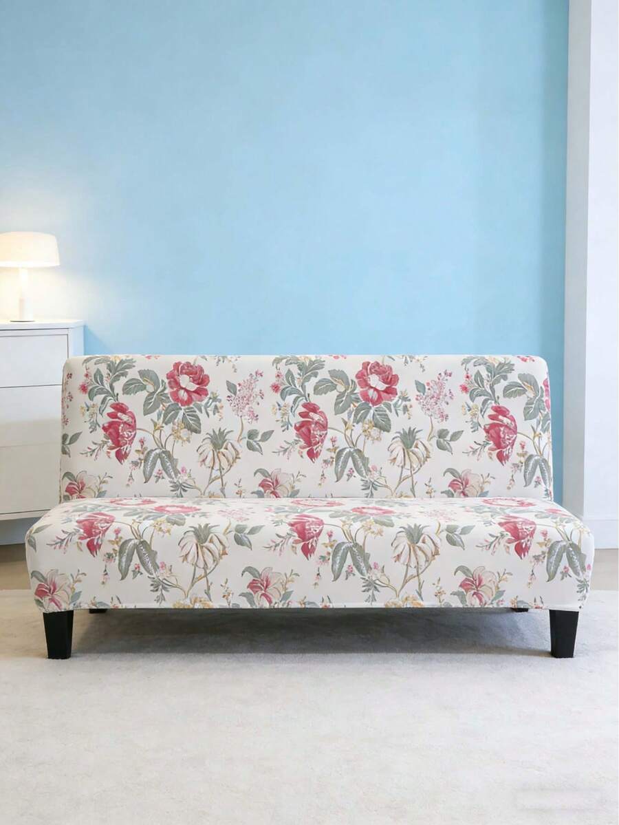 可折叠无扶手沙发床罩，粉色碎花图案，弹性全包覆式聚酯纤维沙发罩，针织牛奶丝面料，四季皆宜