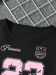 Girls' Numeric Print Loose Short Sleeve T-Shirt And Shorts Set, Featuring Simple Korean Style Round Neck Design, Fashionable Cropped Design, Suitable For Summer Wear - Black - View 3