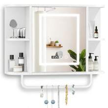 CYEspejo para Baño con Luz LED y Pantalla de Hora Espejos de Vanidad Montados en Pared con 3 Color Gabinete para Baño con Armario de Pared y Toallero Armario de Almacenamiento Blanco - Blanco - Ver 1