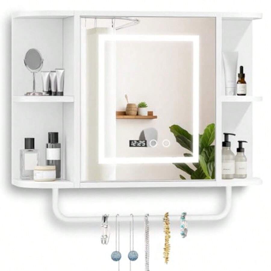 CYEspejo para Baño con Luz LED y Pantalla de Hora Espejos de Vanidad Montados en Pared con 3 Color Gabinete para Baño con Armario de Pared y Toallero Armario de Almacenamiento Blanco - Blanco - Ver 1