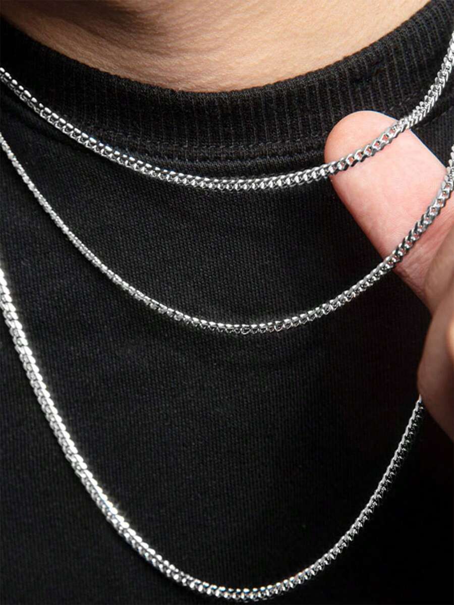 1条个性化六面抛光3毫米钛钢链项链，适合男士日常佩戴，嘻哈风格 - 銀色 - 查看 1