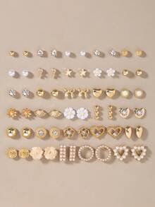 30pcs/Set Assorted Flower, Rhinestone, Heart, Star, Bow Stud Earrings Set, Fashionable & Minimalist Everyday Jewelry For Women - Yellow Gold - View 6