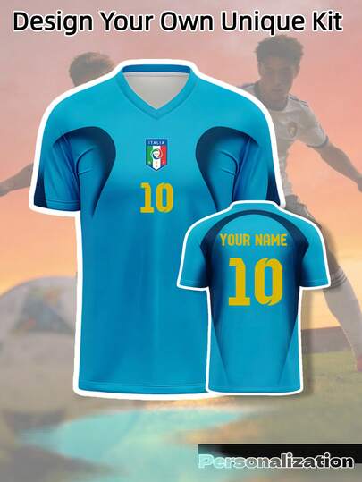 1pc Customized Retro Italian V-Neck Football Jersey, Personalized With Your Name And Number On Front And Back, Durable Fabric Suitable For Football, Basketball, Volleyball Matches, Training And Casual Wear, Men's Customized Sports Outfit, Great Gift For Halloween, Thanksgiving, Christmas And New Year, Stand Out In The Crowd With This Personalized Jersey Showcasing Italian Football Tradition, Suitable For Spring, Summer And Autumn Training