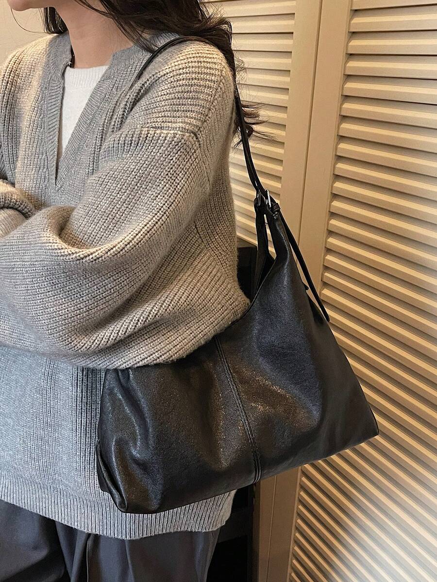 Modische einfarbige minimalistische Stil Schultertasche mit großer Kapazität, vielseitige Halbmond Unterarmtasche für Frauen, geeignet für Universität, Pendeln, Einkaufen, Spazierengehen, Alltagsgebrauch - Schwarz - Übersicht 1