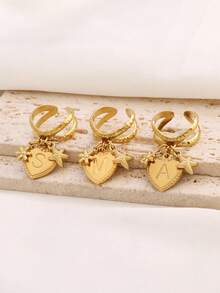 1件装 时尚设计 18k镀金不锈钢心形字母吊坠戒指 26 A-Z 字母花朵海星吊坠开口戒指 适合女性日常佩戴 珠宝礼品 - 戒指 . - 查看 9