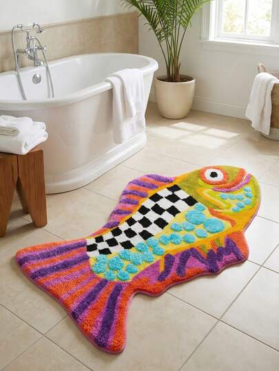 1pc Creative Colorful Ugly Fish Bath Mat, Asymmetrical Carpet-Like Absorbent Thick Shower Room Floor Mat, Bathroom Doormat, Suitable For Bathroom, Living Room, Entryway