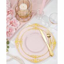 100PCS Pink And Gold Plastic Plates - 10.25Inch Pink Disposable Plates - Plastic Dinner Plate For Weddings Parties Christmas - 粉色 - 查看 5