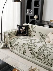1件装花卉图案雪尼尔流苏沙发套，宠物友好，防污，可机洗，节日装饰沙发保护套，适用于1/2/3/4座沙发 - 綠色 - 查看 4