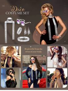 1970年代迪斯科配饰 - 女士迪斯科服装首饰套装、发带、亮片围巾、太阳镜、手镯和耳环（黑色、银色、玫瑰红）