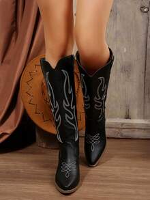 FVPFVP Vintage Embroidered Western Cowgirl Boots For Women, New 2025 Summer Riding Boots, Chunky Heel Brown Tall Boots, Slim Fit Women Shoes - Black - View 4