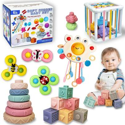 Juguetes Montessori para bebé - Juego de regalo de 5 en 1 para infantes con cuerdas de tracción, mordedores, bloques apilables, formas sensoriales, caja de almacenamiento y juguete de baño, adecuado para niños y niñas de 6 a 18 meses