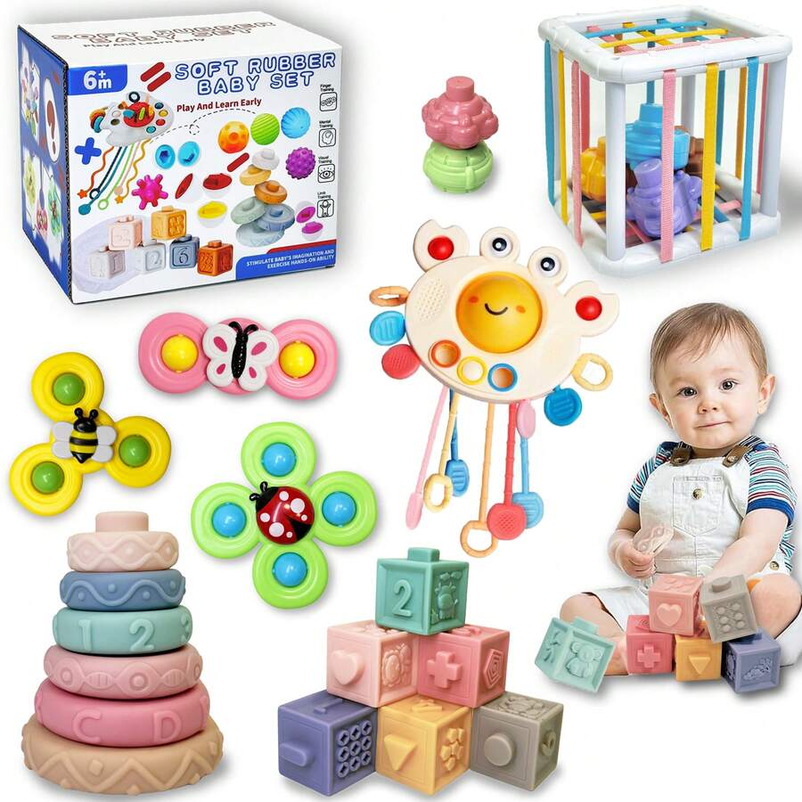 Montessori Baby Toys - 5 In 1 Infant Toy Gift Set With Pull Strings Teethers, Stacking Blocks, Sensory Shapes, Storage Box And Bath Toy, Suitable For 6-18 Months Boys & Girls - Multicolor - View 1