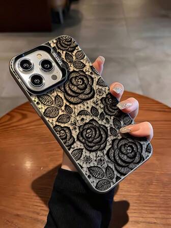 1 pieza Funda de teléfono personalizada con patrón estético de encaje y flor de rosa en negro y plateado compatible con iPhone 16/16Pro/16Plus/16ProMax, 11/11Pro/11ProMax, 12/12Pro/12ProMax, 13/13Pro/13ProMax, 14/14Plus/14Pro/14ProMax, 15/15Pro/15Plus/15ProMax