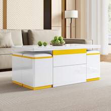 Modern White High-Gloss Coffee Table, Elegant Side Table, Height-Adjustable Multifunctional Coffee Table, Folding Dining Table/Living Room Furniture, 100 X 50 X 43 Cm (Length X Width X Height) - 白色 - 查看 4