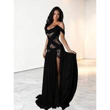 European And American Black Off-Shoulder Lace Hollow Long Dress High Slit Draped Evening Gown - 黑色 - 查看 6