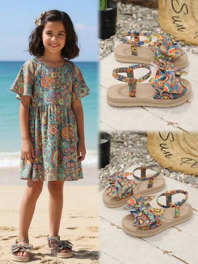 1双棕色女童轻便PU皮鞋，蝴蝶结装饰，松紧带，圆头，厚底，适合3-15岁女孩，舒适百搭，适合上学、度假、休闲、聚会、旅行，2026春夏款