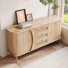 Sideboard, Rattan Chest Of Drawers, Chest Of Drawers With Sliding Doors, Adjustable Shelves And Rounded Top. - Khaki - View 3