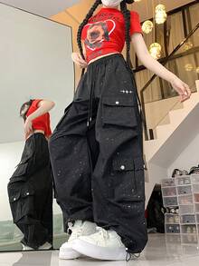女士抽绳腰带嘻哈宽松亮片阔腿工装裤 黑色 春季 - 黑色 - 查看 6