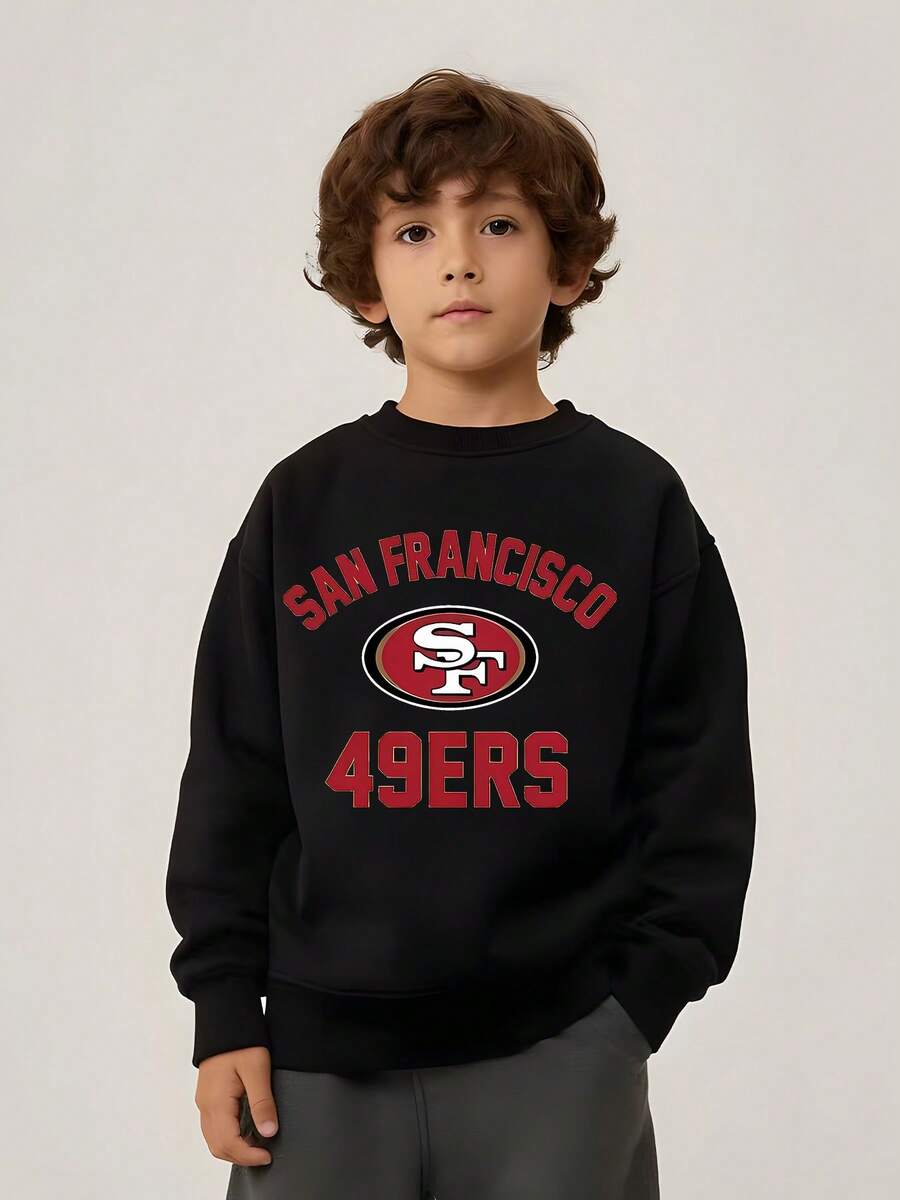 Boys Clothes,Benito Bowl,American Football Team Pattern Vintage Distressed Print Graphic Print Casual Hoodie - Long Sleeve, Crew Neck Pullover, Boys Clothes,Boys Winter Clothes,Suitable For Winter & Autumn, Cool Print,Boys Valentines - 黑色 - 查看 1