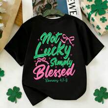 女童短袖T恤，圣帕特里克节蝴蝶结双面印花，休闲圆领童装 - 黑色 - 查看 12