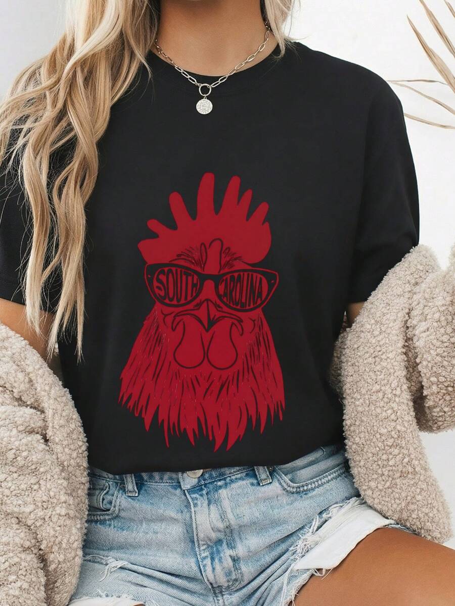 South Carolina Retro Vintage State Varsity Rooster T-Shirt 100% Cotton Crew Neck Short Sleeve Gamecock Mascot With Sungles Graphic Tee Funny Chicken State Pride Novelty Gift F-1 - Đen 1 - Xem 1