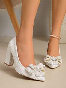Women's 2025 Autumn New French Style Low Vamp Shoes, Beige Bow Pearl Thick Heel Pumps, Fashionable And Charming Versatile - White - View 3