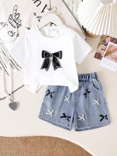 2pcs/Set Young Girls Casual Rhinestone Bow Decor Round Neck Short Sleeve T-Shirt And Denim Shorts Set, Summer