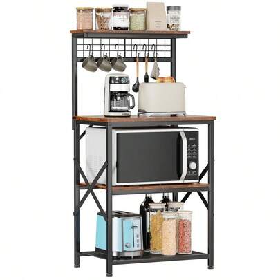 Kitchen Bakers Rack With Hutch, Coffee Bar Station 4 Tiers, Microwave Oven Stand With 6 S Hooks And Pegboard, Kitchen Microwave Rack For Spice Organizer Workstation, Rustic Brown