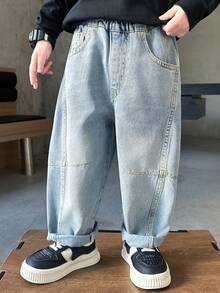 Young Boy Loose Straight Leg Jeans, Suitable For Everyday, School, Casual And Outdoor Wear, Spring/Summer/Autumn - Blue - View 4