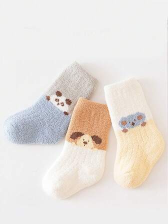 3 Pairs Cartoon Thickened Children's Socks, Cute & Warm Mid-Calf Socks, Color Blocking, Suitable For Home Wear