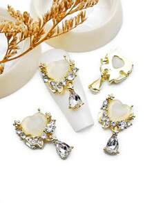 10pcs/Pack Heart Shaped Tassel Alloy Rhinestone Nail Art Jewelry, 3D Metal Heart Cat Eye Stone Water Drop Pendant Crystal Glass Nail Decor DIY Accessories For Girls & Women - Multicolor - View 4