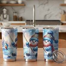 1 Pc 20oz Stainless Steel Tumbler, Featuring A Cute Cartoon Snowman Wearing A Hat & Scarf While Ice Fishing On A Frozen Lake, This Durable Drinkware Is Ideal For Cold Weather Admirers, Outdoor Activity Lovers, And Makes A Thoughtful Present For Birthdays, Winter Anniversaries, Or Special Holiday Gatherings - 20 Oz Travel Tumbler - View 1